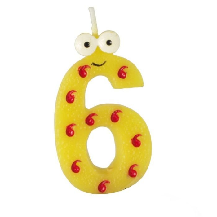 Candle - number 6 9cm high with eyes assorted colors