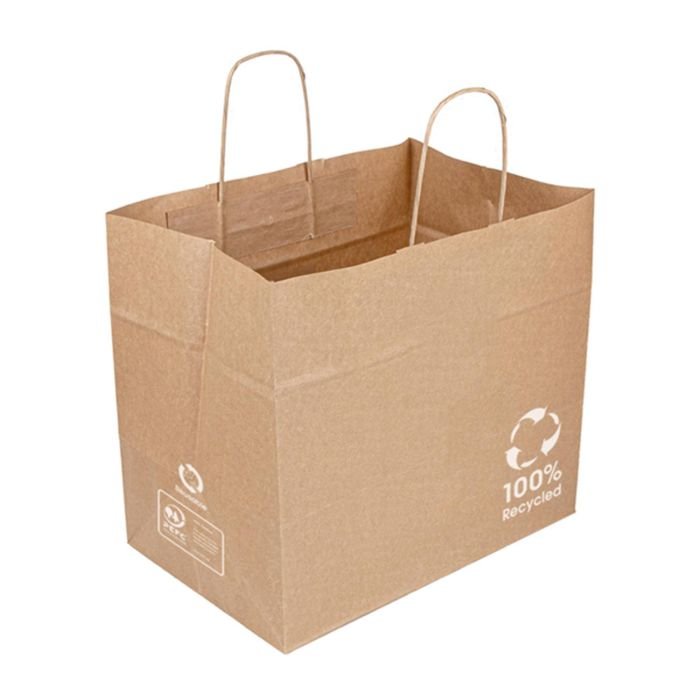 Papīra maisiņš 100% Recycled 32x21x28,5 cm ar rokturiem, brūns