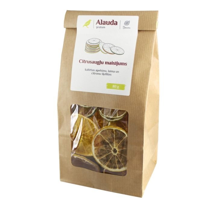 Citrusaugļu maisījums (kaltētas apelsīnu, laima, citronu šķēlītes, +/- 70 gab.) 80g