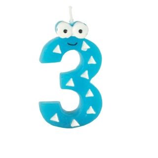 Candle - number 3 9cm high with eyes assorted colors
